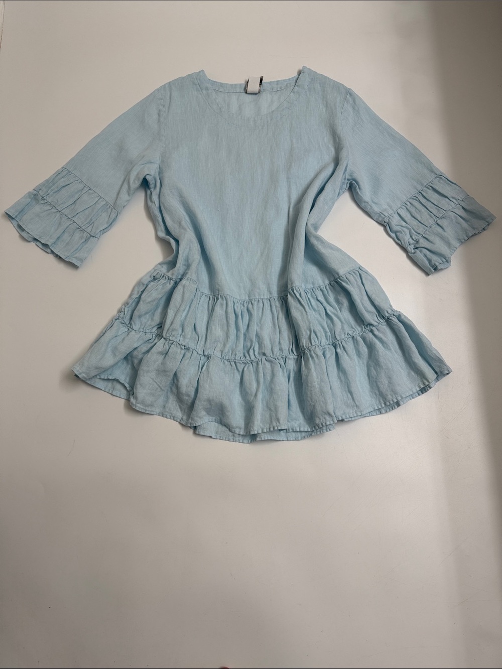 Match Point USA 100% Linen Tiered Mini Dress Blue Large Cottagecore